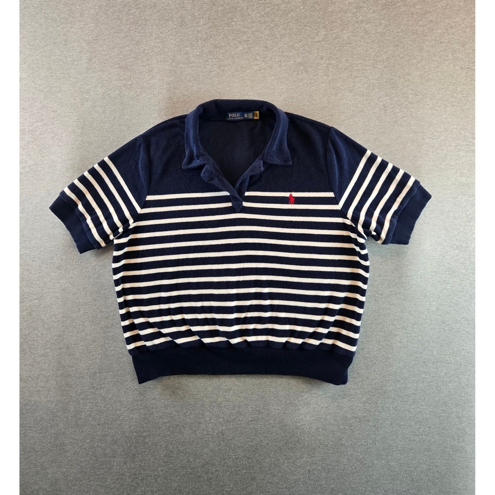 Polo Ralph Lauren Polo Shirt Women XXL Navy White Striped Terry Cropped Preppy